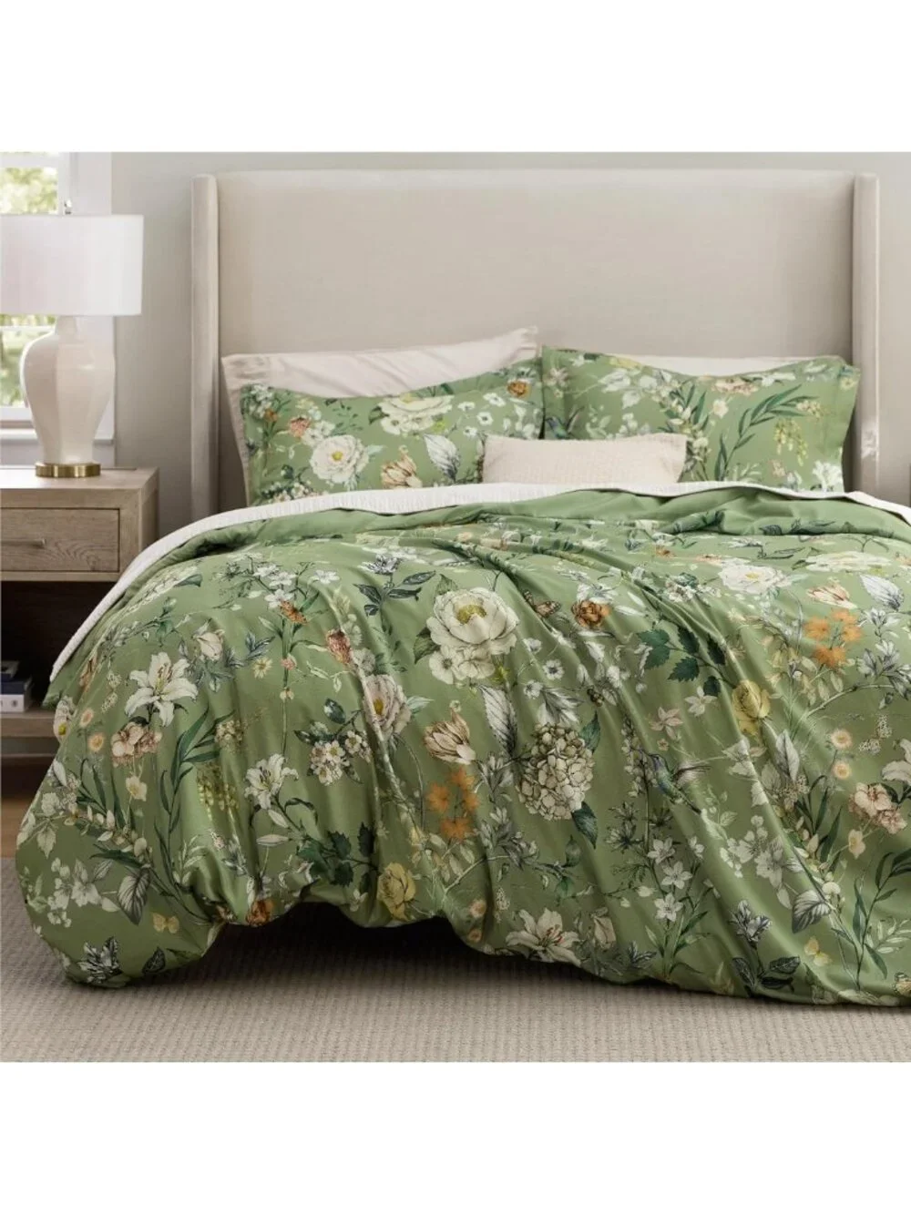 Cozy Floral Queen Comforter Set - Reversible Olive Green, 3-Piece Bedding Set